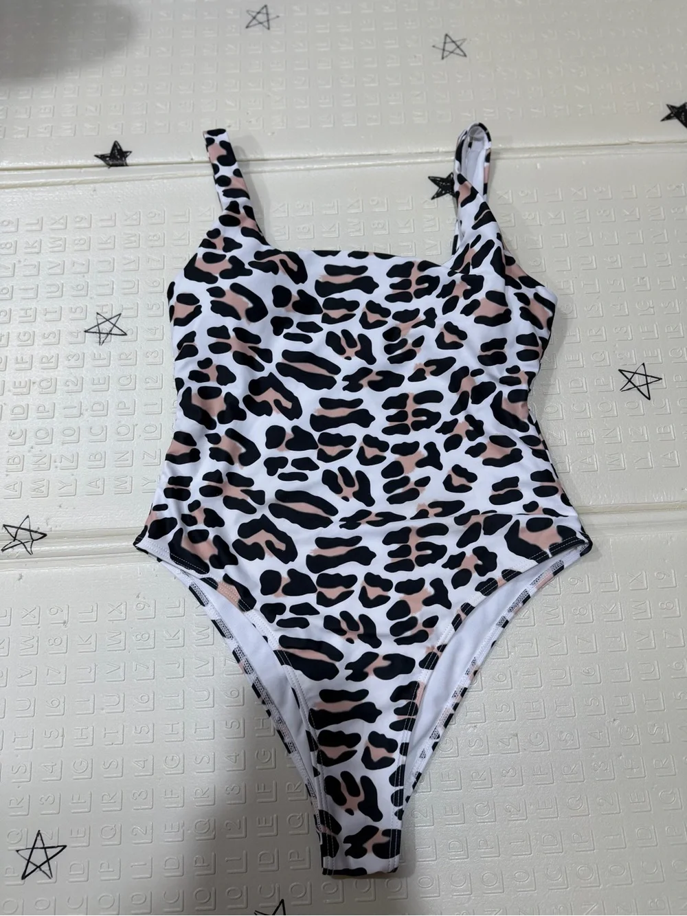 Girls' Leopard Print One-Piece Swimsuit in White, Black & Blush